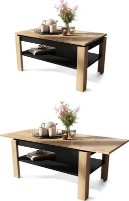 Produktbild von All4All Couchtisch Asti , R , Wohnzimmertisch , Kaffeetisch , mit Stauraum , Sofatisch mit Ablage , ausziehbar bis 140cm , 100x60cm , Gold Eiche + Schwarz , 05