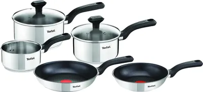 A set of cookware including pots and pans on a white background.