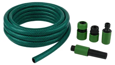 Produktbild von Kinzo Gartenschlauch Set 15 Meter - Wasserschlauch 14mm (1/2") max. 6Bar - mit 3 Kupplungen und 1 Sprühstück - Geeignet für Gartensprenger - Grün