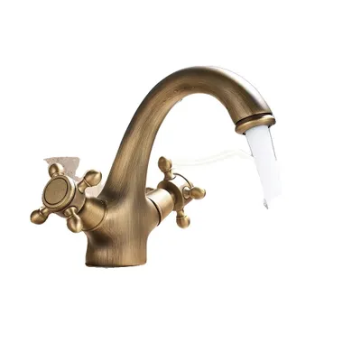 Productafbeelding van Wasbakarmatuur, antiek design, dubbele handgrepen, antiek messing