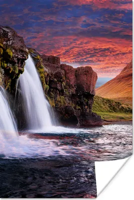 Produktbild von MuchoWow® Poster Wasserfall - Berg - Wolken - Rosa - Landschaft 120x180 cm - Kunstposter