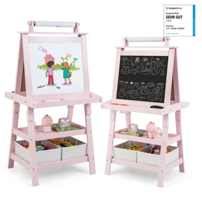 Produktbild von COSTWAY 3 in 1 Kinder Staffelei aus Holz, Kindertafel doppelseitig mit 2 Aufbewahrungsboxen, Whiteboard, Kreidetafel, Magneten & Zeichenpapier Rosa