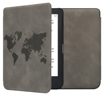 Produktbild von kwmobile Schutzhülle für Kobo Clara 2E / Tolino Shine 4 Hülle - eReader Case aus Kunstleder mit Auto Sleep Funktion - Travel Umriss mit Grau