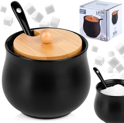 Vilde Zuckerdose Aus Keramik Schwarz - Mit Bambusdeckel Und Löffel 250ml