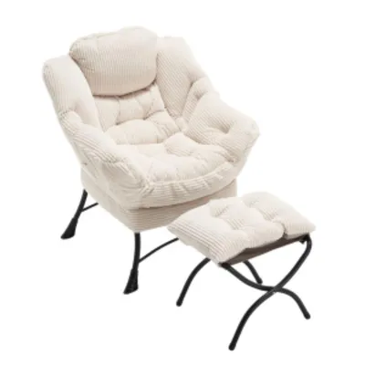 Produktbild von Lazy Chair(Weiß)mit Ottomane, moderner Freizeitstuhl mit Armlehnen und Seitentasche, gepolsterter Freizeit-Sofastuhl, Lesesessel mit Fußstütze