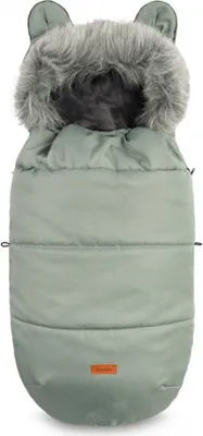 A baby stroller footmuff with a faux fur-lined hood and bear ears.