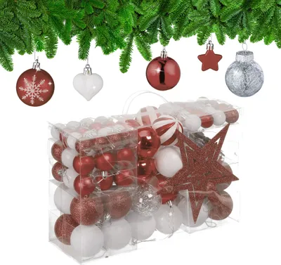 Obrázok produktu pre Relaxdays Vianočné gule, sada 101 ks, plast, vianočná výzdoba s guľami a čipkou, ozdoby na vianočný stromček, hnedá/biela