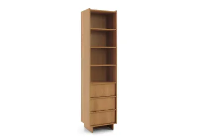 Produktbild von BETTSO Bücherregal SUNA Japandi Standregal Eiche Caramel grifflos Schrank mit 3 Schubladen, 50x200x39 cm, Wohnzimmer Büro, Saugroboter-geeignet