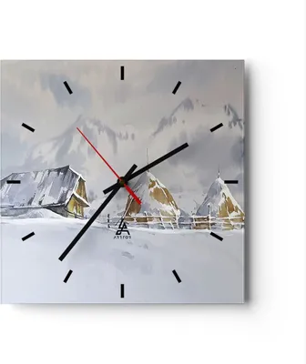 Produktbild von Wanduhr - Quadrat - Glasuhr - Haus Berge Schnee - 40x40cm - Schleichendes Uhrwerk - Lautlos - zum Aufhängen bereit - Dekoration Modern - Wanddekoration aus Glas - C3AC40x40-4806