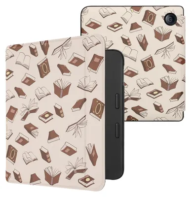 Produktbild von kwmobile Schutzhülle für Tolino Vision 6 Hülle - eReader Flip Case mit Auto Sleep Funktion - Bücher und Seiten mit Beige Braun Gold