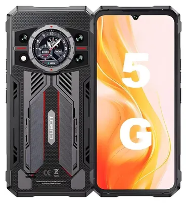 A rugged smartphone is displayed next to its screen, which shows the text '5G'.