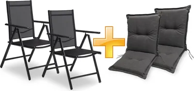 Produktbild von sunnypillow 2er Set Gartenstühle und Gartenstuhlauflagen Niedriglehner | 100x50x9 cm Auflage wasserdicht UV-lichtecht | Klappsessel Klappstuhl für Garten Polsterauflagen Stuhlauflage | Anthrazit