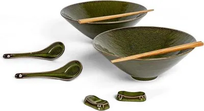 Zdjęcie produktu dla Zestaw zielonych misek ceramicznych, 2 sztuki, 1100 ml, do makaronu i zupy