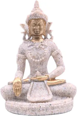 Imagen del producto de Estatua de Buda en arenisca, con detalles de meditación, tallada a mano, 15 cm, ideal para la decoración del hogar