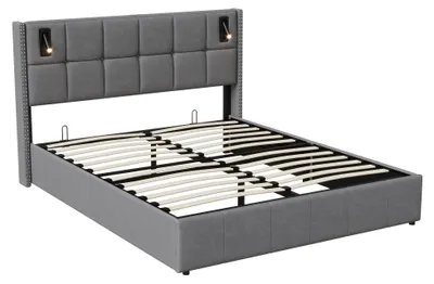 Produktbild von Polsterbett mit Stauraum - Hydraulisches Doppelbett 160x200 cm - Samtbezug - Kopfteil mit Stauraum und Ladefunktion - Grau