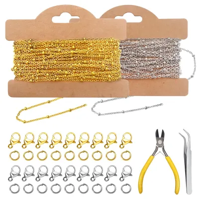 Edelstahlkette 10 m, 2 mm, gold/silber, mit 20 Karabinern & 100 Federringen