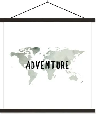 Produktbild von MuchoWow® Textilposter Weltkarte - Aquarell - Zitat 60x60 cm mit schwarzem Rahmen - Posteraufhänger