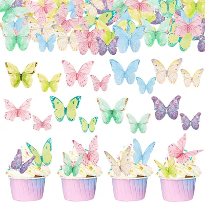 Imagen del producto de Decoración de mariposas comestibles - Para tartas - 40 unidades - Adornos comestibles para cupcakes - Decoración para tartas para cumpleaños, bautizos y bodas