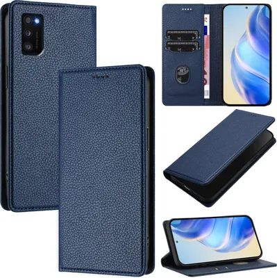Image de Etui en cuir pour Samsung Galaxy A41, Litschi cuir, étui portefeuille avec fentes pour cartes et support Bleu