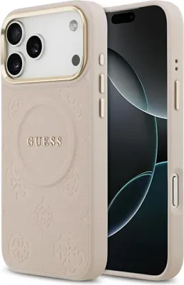 A close-up of a pink phone case with gold accents, showing the Guess logo and a textured pattern. The phone is partially visible inside the case.