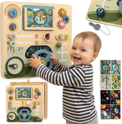 Produktbild von Montessori 2-in-1 Holz-Cockpit – Fahrer- & Pilotenboard mit Lenkrad, Schalthebel, Radar & 8 Karten