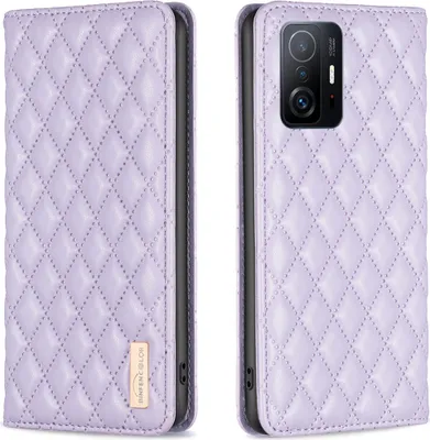 A split image showing a purple quilted flip phone case for a Xiaomi 11T Pro.