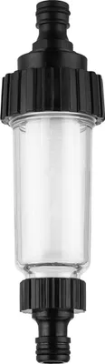 A clear product shot of a water filter with black connectors and a transparent body.