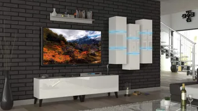 Produktbild von Furnitech Wohnwand Wohnzimmer - Wohnzimmer Möbel mit LED Weiß - Hängend Wohnwand Modern - Wohnzimmer Schrankwand mit Regale und TV Schrank (Heaven ANK45-18HG-W2 1A mit Füßen)