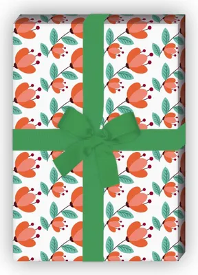 Produktbild von Schönes Streifen Geschenkpapier mit Blumen, orange - G8091, 32 x 48cm