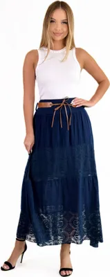Produktbild von Mississhop Langer Baumwollrock mit Spitze & Gürtel 3094 Dunkelblau