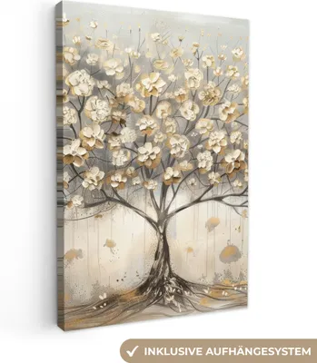 Produktbild von Leinwand Bilder 80x120 cm - Lebensbaum - Beige - Gold - Gemaltes Aussehen - Grau, Bilder, Wanddeko Wohnzimmer
