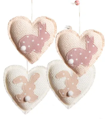 Produktbild von 4 Herz Anhänger mit Osterhasen rosa beige 10 cm