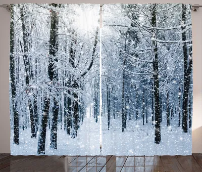 Produktbild von ABAKUHAUS Winter Rustikaler Gardine, Schnee bedeckter Wald, Schlafzimmer Kräuselband Vorhang mit Schlaufen und Haken, 280 x 175 cm, Schwarz Weiß Blau