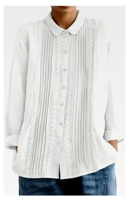 Produktbild von Blusen für Damen in großen Größen, Leinenhemd, elegantes Sommer-Langarmhemd, Leinenshirt, Feinripp-Blusenshirt, leichte Leinenbluse, Revers, Musselin-Langarmshirt, Tunika, lässiges T-Shirt