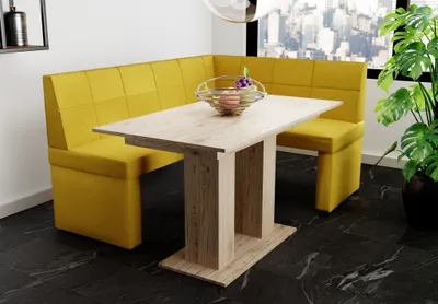 Productafbeelding van Eckbankset 168x128 cm BLAKE L, bekleding: stof Soro, kleur: geel / Eettafel DANTE, afwerking: Sonoma