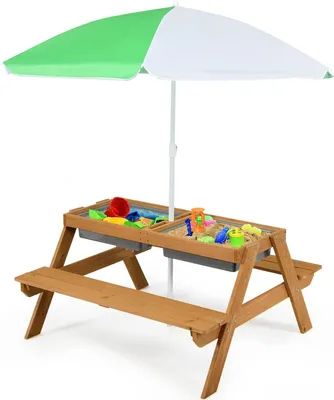Produktbild von Kindersitzgarnitur mit Sonnenschirm, 3-in-1 Kindersitzgruppe aus Holz, Kinderpicknictisch mit 2 Boxen & abnehmbare Tischplatte für Garten, für Kinder ab 3 Jahren  (Weiß + Grün)