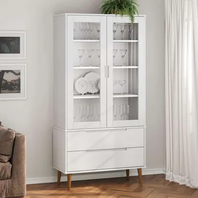 Image de Vitrine exclusive MOLDE, blanche, en bois massif de pin, dimensions : 90 x 35 x 175 cm