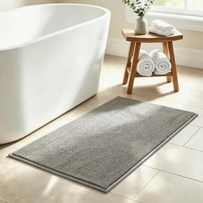 Productafbeelding van Chenille badmat, antislip, 80x50 cm, lichtgrijs, absorberend, sneldrogend, machinewasbaar
