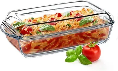 Imagen del producto de Recipiente de vidrio para horno Unyqoos® con tapa y asas – resistente al calor, rectangular, transparente, 3,95 litros, apto para horno y cocina eléctrica, ideal para lasaña y guisos