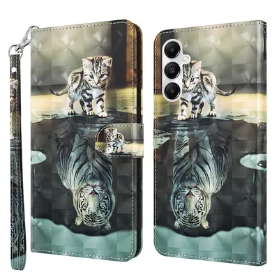 Produktbild von CLM-Tech Handyhülle kompatibel mit Samsung Galaxy A56 5G Hülle - Tasche aus Kunstleder - Klapphülle mit Ständer und Kartenfächern - Schutzhülle Wallet Case Cover Katze Tiger