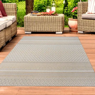 Produktbild von Vielseitiger In- & Outdoorteppich im Ethno-Stil mit modernem Rautenmuster in Beige und Gelb Größe - 240 x 340 cm