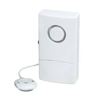 A white water alarm with a separate sensor attached by a wire, shown against a white background.