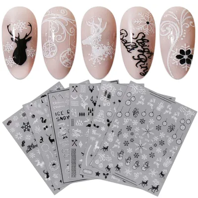 Image de Autocollants décoratifs pour ongles, thème Noël, paillettes, 9 feuilles, adhésifs, couleurs blanc et noir, pour décoration de manucure