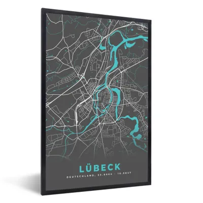 Produktbild von MuchoWow® Gerahmtes Poster Blau - Deutschland - Karte - Stadtplan - Lübeck 60x90 cm - Poster mit Schwarzem Bilderrahmen Wandposter Rahmen Foto Bilder - Kunst
