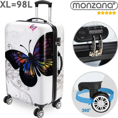 A white suitcase with a butterfly design, featuring close-ups of the lock and wheels.