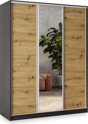 Produktbild von Masseno Schiebetürenschrank SORE 160/205/58 cm Kleiderschrank mit 4 Schubladen Schlafzimmer Schrank 3-türig mit Spiegel Schwarz / Eiche Artisan