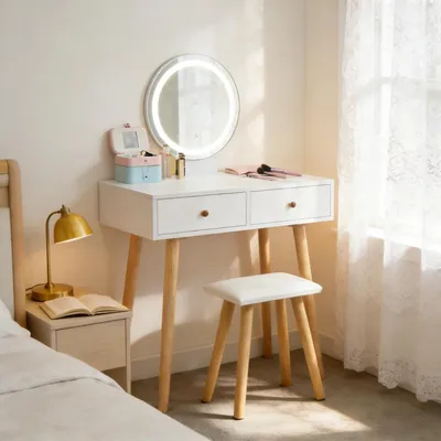 Productafbeelding van Make-up tafel met LED-spiegel, kruk, 2 lades, wit, MDF, 80x40x120 cm