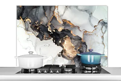 Obrázek produktu pro KitchenYeah® Splashback kitchen - Kuchyňský splashback - Ochrana stěny sporáku a dřezu - Mramor - Černá - Bílá - Zlatá - - Abstraktní 100x65 - Alu-Dibond (alternativa ke skleněnému splashbacku) - Hitz