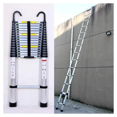 Produktbild von Teleskopleiter 6,2 m mit abnehmbarem Haken, Aluminium-Klappleiter, rutschfeste und ausziehbare Stehleiter, 150 kg Belastbarkeit