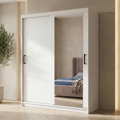 Produktbild von BEAUTYSOFA | Schwebetürenschrank HELA 160 cm Weiß – 2-türig Moderner Kleiderschrank mit Spiegel und Schiebetüren